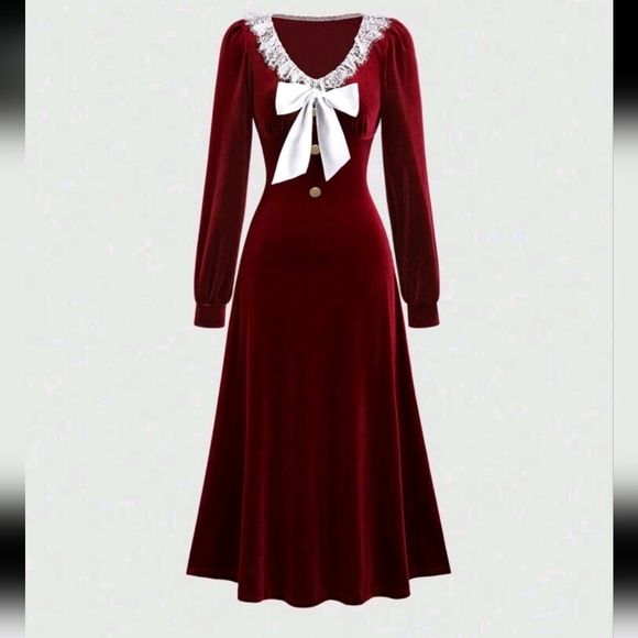 Elegant V-Neck Velvet Solid Color Contrast Lace Floral Bow & Metal Decor Dress - Picture 1 of 4